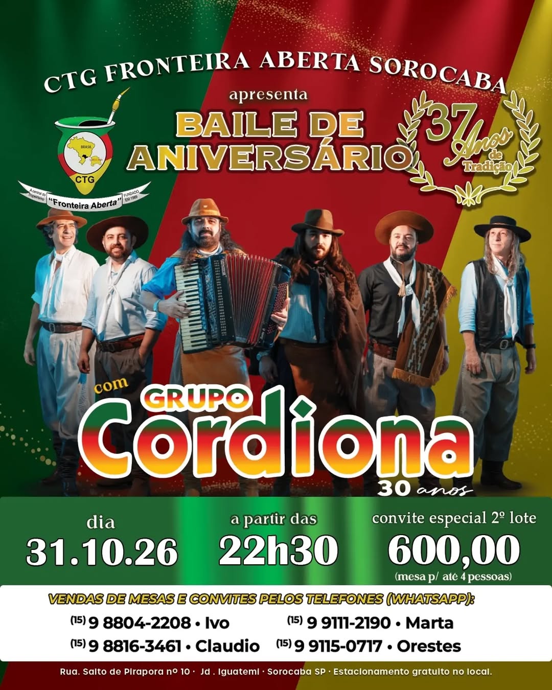 Baile de Aniversário 37 Anos CTG Fronteira Aberta com Grupo Cordiona